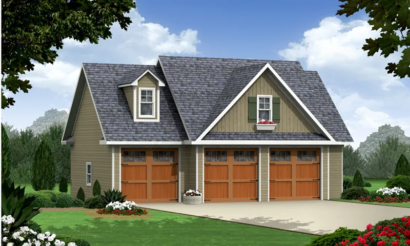 Building Plans Front of Home - Collins 3-Car Apartment Garage 124D-7502 | House Plans and More