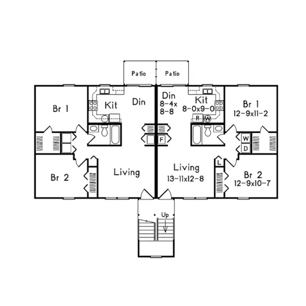 Colonial House Plan First Floor - Villager I Two-Story Fourplex 001D-0094 - Shop House Plans and More