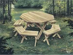 Octagon-shaped wood picnic table with matching benches around it