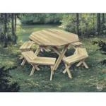 Octagon-shaped wood picnic table with matching benches around it