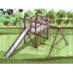 Wood jungle gym swing set with long slide and swing