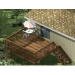 Raised wood patio deck has stairs to the ground level below and plenty of space for entertaining