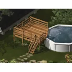 Pool deck attaches to an above ground pool on one side and has stairs descending to the ground level