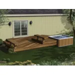 Two-level wood deck with built-in benches and space designed for a whirlpool spa