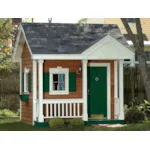 Charming children's playhouse with covered front porch and side flower boxes on the windows