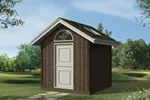 Gable storage shed has skylight in roof and half-round window above door
