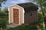 Mini barn storage shed has tall front door and a side window for added light