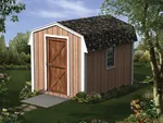 Mini barn storage shed has tall front door and a side window for added light