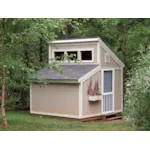 Garden sheds with clerestory window on top has a conveneint side door and window with planter box