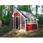 This stylish garden shed has a rustic exterior with sleek atrium windows and a French door entry