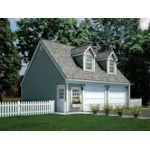 Appealing two-car garage has twin dormers on roof for added charm