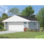 Two-car garage has a roof that overhands the garage doors for more shelter