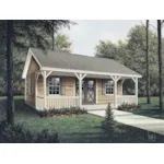 Workroom with covered porch has rustic style double doors on front