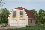 Two-car garage apartment has gambrel style roof and windows with charming planter boxes