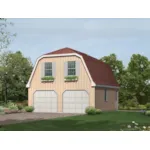 Two-car garage apartment has gambrel style roof and windows with charming planter boxes