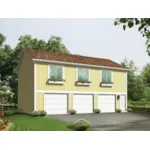 Three-car garage apartment has a simple design with three windows above garage doors all with planter boxes