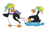Festive pattern with penguin pulling sled with another penguin on it