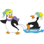 Festive pattern with penguin pulling sled with another penguin on it