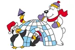 Wintery igloo scene with polar bear and two penguins