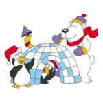 Wintery igloo scene with polar bear and two penguins