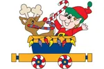 Candy cane train pattern features an elf and reindeer it he train car