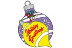 A large ornament features a great holiday greeting