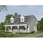 Workshop with loft has a country style covered porch and twin dormers above