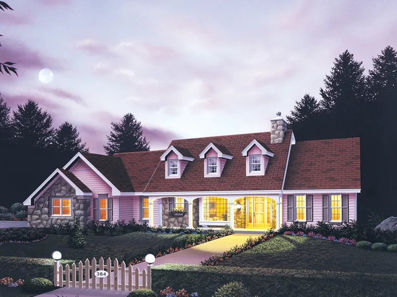 Ranch With A Covered Porch Topped With A Trio Of Dormers