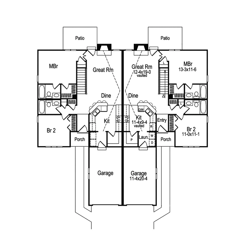 Multi-Family House Plan First Floor - Highland Multi-Family Duplex 007D-0025 - Search House Plans and More