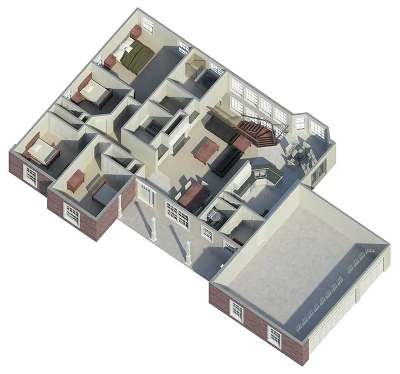 Ranch House Plan 3D First Floor - Ashbriar Atrium Ranch House Plans | House Plans with Atrium in Center