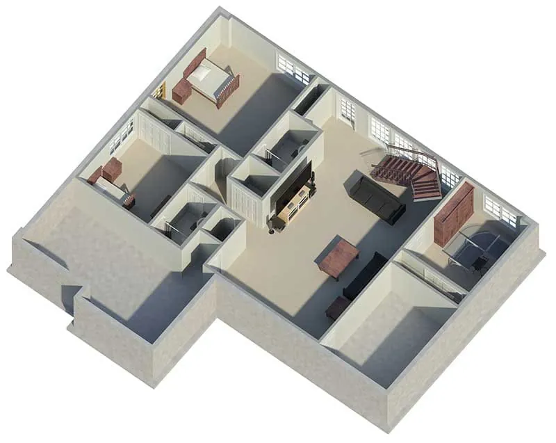 Ranch House Plan 3D Lower Level - Ashbriar Atrium Ranch House Plans | House Plans with Atrium in Center