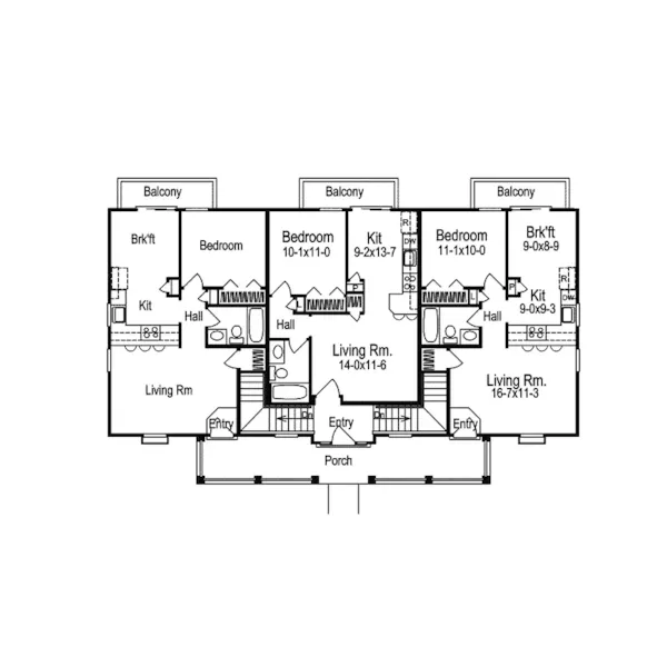 Multi-Family House Plan First Floor - Norwood Hills Country Fiveplex 007D-0092 - Shop House Plans and More