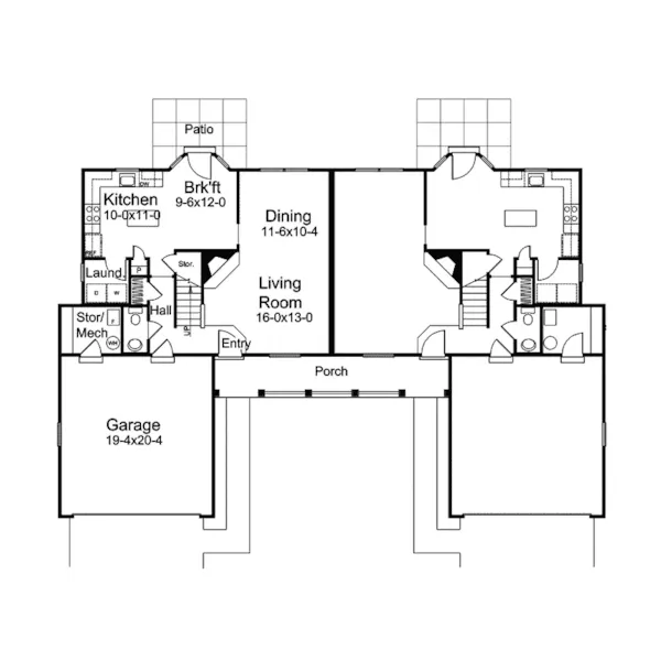 Multi-Family House Plan First Floor - Hickory Manor Duplex Home 007D-0190 - Search House Plans and More