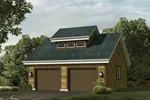 Rustic style two-car garage has a center celerestory window on the roof
