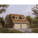 Two-car garage has simple dormers style windows on the roof