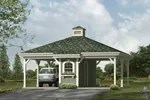 Two-car carport with roof cupola has center storage areas as a divider