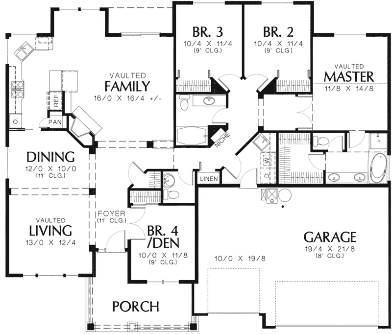 Arts & Crafts House Plan First Floor - Forestland Craftsman Ranch Home 011D-0004 - Search House Plans and More