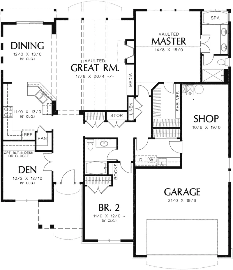 Arts & Crafts House Plan First Floor - Woodtrail Craftsman Ranch Home 011D-0077 - Shop House Plans and More