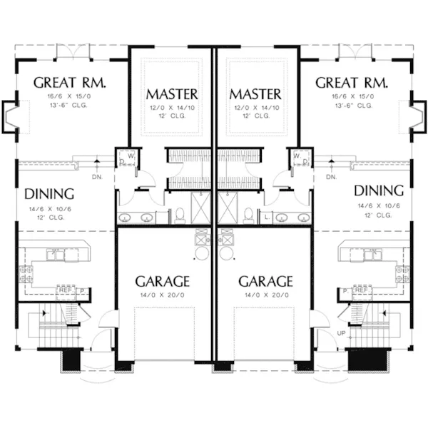 Multi-Family House Plan First Floor - Woodsage European Duplex Home 011D-0210 - Shop House Plans and More