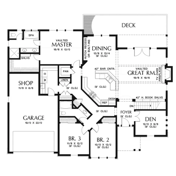 Arts & Crafts House Plan First Floor - Elm Creek Craftsman Home 011D-0328 - Search House Plans and More