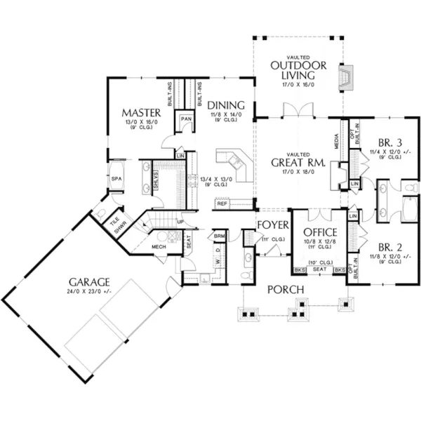 Arts & Crafts House Plan First Floor - Barbary Craftsman Home 011D-0346 - Search House Plans and More