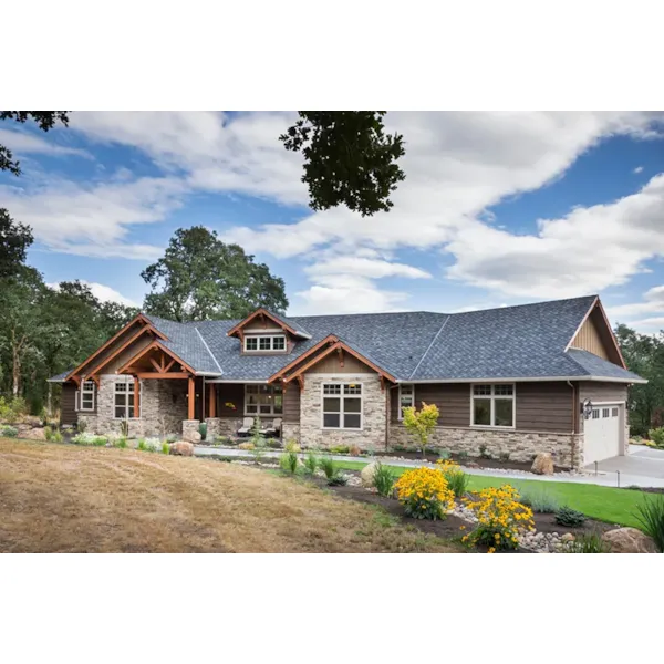 Mountain House Plan Front of Home - Leigh Lane Rustic Country Ranch House - Shop House Plans and More