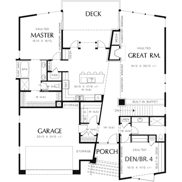 Shingle House Plan First Floor - Shay Rustic Modern House Plans | Mid-Century Modern House Plans