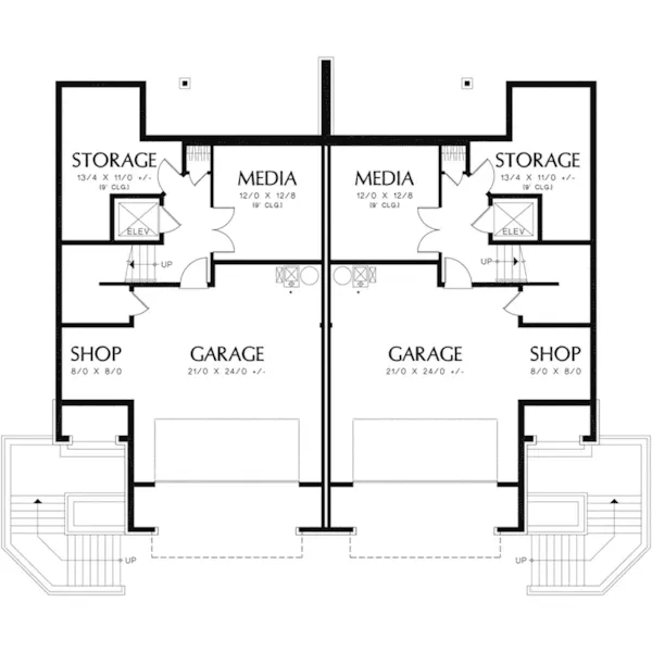 Mountain House Plan Lower Level Floor - Bluff Lookout Modern Duplex 011D-0427 - Shop House Plans and More