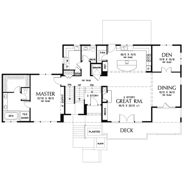 Contemporary House Plan First Floor - Neva Canyon Modern House with Elevator - Shop House Plans and More