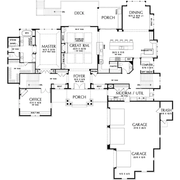 Shingle House Plan First Floor - Redford Hill Rustic Home 011S-0185 - Shop House Plans and More