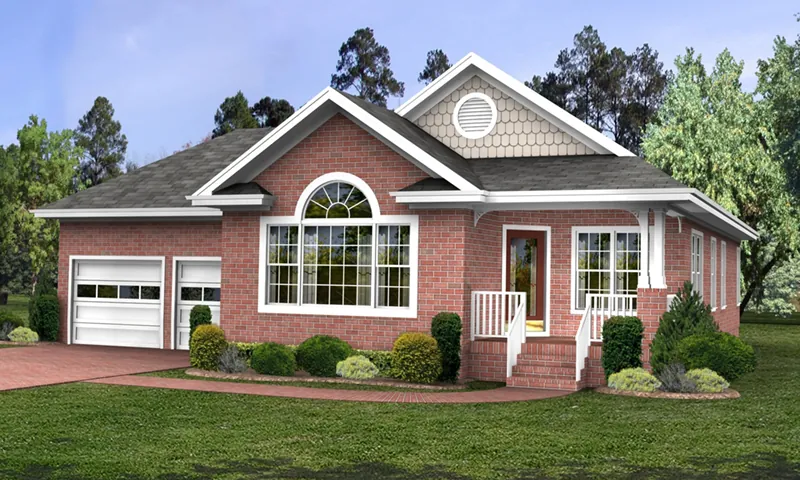 Double Gables And An Arch-Top Window Complete This Home Design