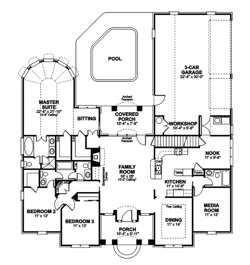 Southwestern House Plan First Floor - Yates Traditional Home 013D-0051 - Shop House Plans and More
