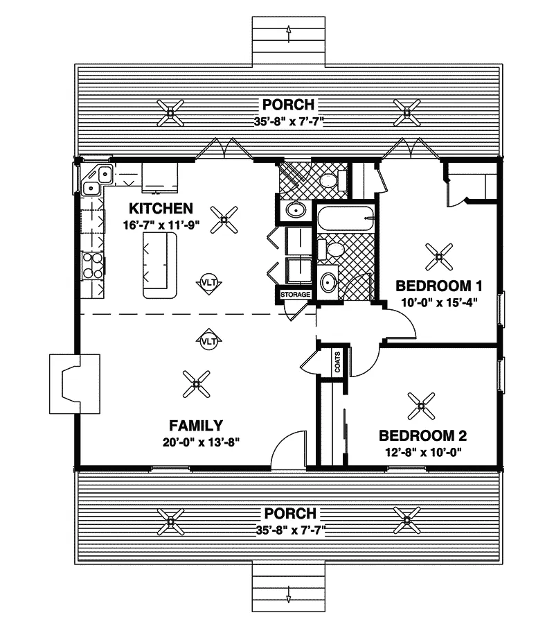 Beach & Coastal House Plan First Floor - Fernberry Country Cabin Home 013D-0133 - Search House Plans and More