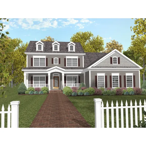 Two-Story Country Style Home With Covered Porch And Triple Dormers